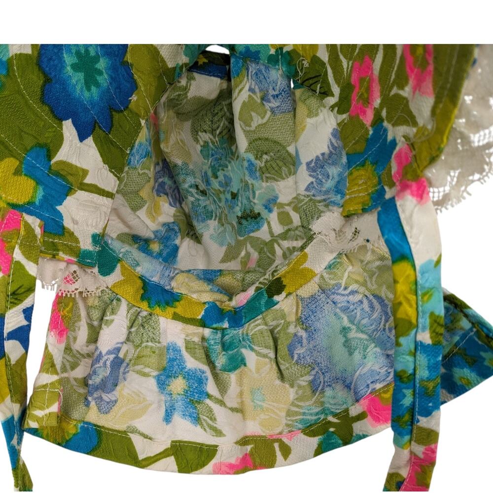 Vintage 1970's Psychedelic Hippie Bonnet Hawaiian Fabric Lace Trim Shell Buttons - Picture 10 of 12